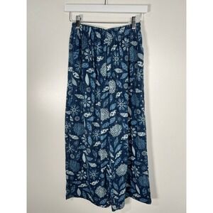 Boho Hippie 100% Cotton Blue Nature Print Wide Leg Flowy Pants Elastic Waist